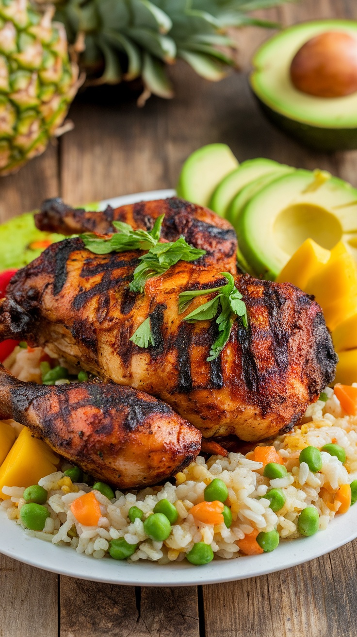 Grilled Jamaican jerk chicken garnished with herbs, served with rice and peas and tropical fruits on a wooden table.